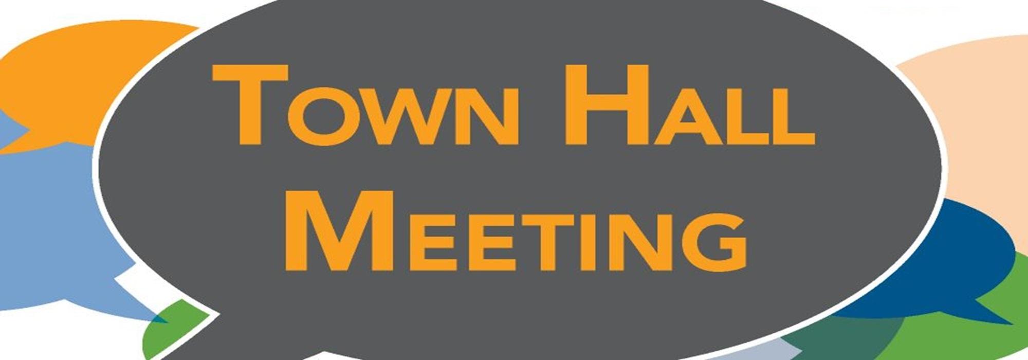 Graphic with orange text "Town Hall Meeting" in a gray speech bubble